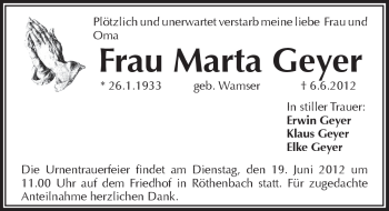 Traueranzeige von Marta Geyer von Pegnitz-Zeitung